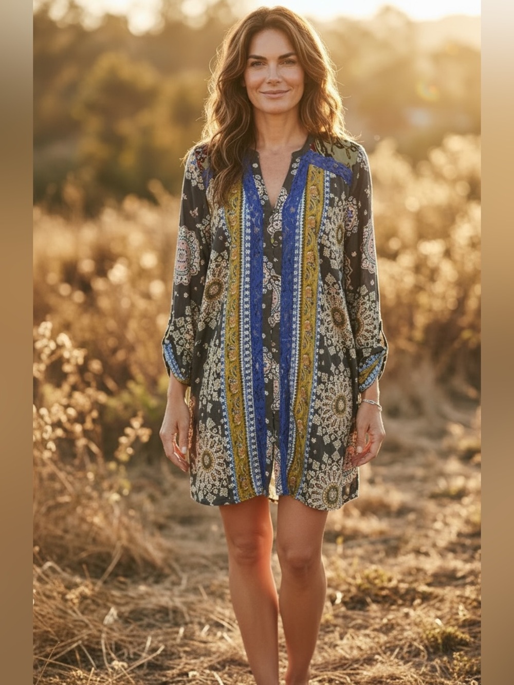 Cyrena Bohemian Mixed Media Printed Mini Dress Tunic
